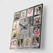 Custom 12 Foto Collage Familienname Festes Holz Quadratische Wanduhr (Winkel)