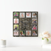 Custom 12 Foto Collage Familienname Zitat Holz Quadratische Wanduhr (Zuhause)