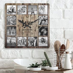 Custom 12 Foto Collage Family Liebe veredelt Holz Quadratische Wanduhr