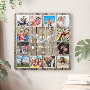 Custom 12 Foto Collage Family Liebe veredelt Holz Quadratische Wanduhr