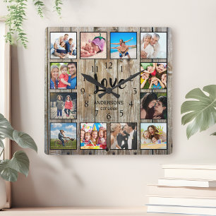 Custom 12 Foto Collage Family Liebe veredelt Holz Quadratische Wanduhr