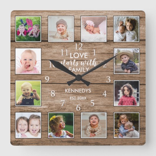 Custom 12 Foto Collage Family Liebe Zitat Holz Quadratische Wanduhr (Vorderseite)