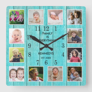 Custom 12 Foto Collage Family Quote Blue Wood Quadratische Wanduhr