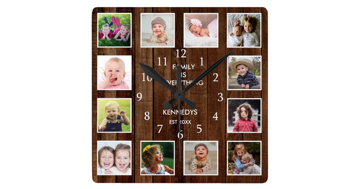 Custom 12 Foto Collage Family Quote Palette Holz Quadratische Wanduhr Zazzle De
