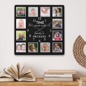 Custom 12 Foto Collage Family Time Quote Black Quadratische Wanduhr