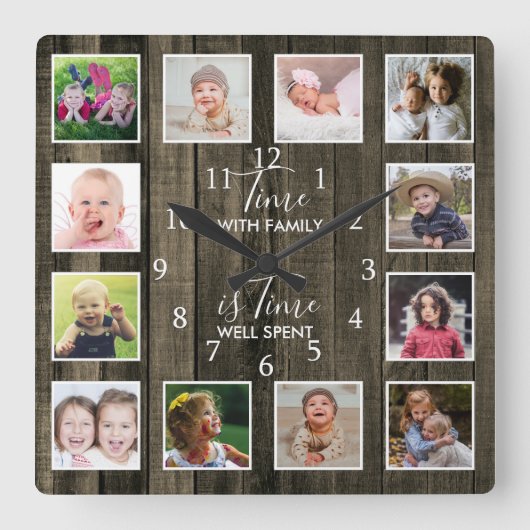 Custom 12 Foto Collage Family Time Quote Holz Quadratische Wanduhr (Vorderseite)