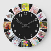 Custom 12 Foto Collage Gray Black Round Große Wanduhr (Vorderseite)