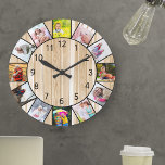 Custom 12 Foto Collage Pine Wood Round Große Wanduhr<br><div class="desc">Personalisierte Foto Uhr mit eigenen Lieblings-Fotos. Die Fotovorlage ist für Sie bereit, 12 Ihrer Bilder im Uhrzeigersinn von oben hinzuzufügen. Das Set ist für Sie bereit. Dieses helle Kiefernholzdesign mit schwarzen Zahlen wird mit traditioneller und ländlicher Dekoration großartig aussehen. Für dieses Design werden die Fotos von quadratischem Instragram besonders einfach...</div>