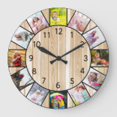 Custom 12 Foto Collage Pine Wood Round Große Wanduhr (Vorderseite)
