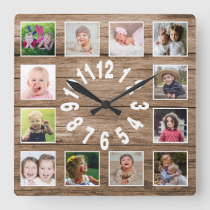 Custom 12 Foto Collage Rahmen veredelt Holz Quadratische Wanduhr