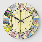 Custom 12 Foto Collage Rustic Cream Wood Round Große Wanduhr (Vorderseite)