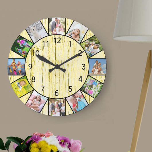 Custom 12 Foto Collage Rustic Cream Wood Round Große Wanduhr