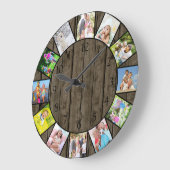 Custom 12 Foto Collage Rustic Dark Wood Round Große Wanduhr (Winkel)