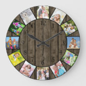 Custom 12 Foto Collage Rustic Dark Wood Round Große Wanduhr (Vorderseite)