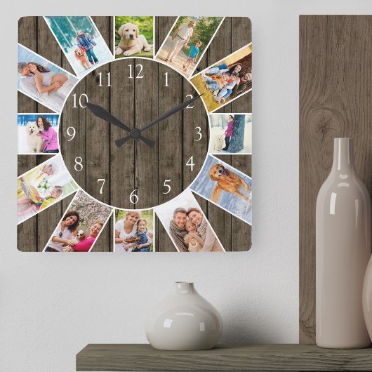 Custom 12 Foto Collage Rustikales Dunkles Holz Quadratische Wanduhr