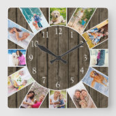 Custom 12 Foto Collage Rustikales Dunkles Holz Quadratische Wanduhr (Vorderseite)