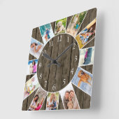 Custom 12 Foto Collage Rustikales Dunkles Holz Quadratische Wanduhr (Winkel)