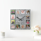 Custom 12 Foto von Collage Family Love Gray Wood Quadratische Wanduhr (Zuhause)
