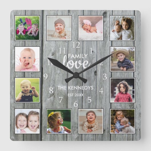 Custom 12 Foto von Collage Family Love Gray Wood Quadratische Wanduhr (Vorderseite)