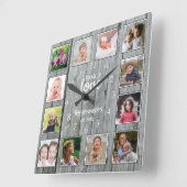 Custom 12 Foto von Collage Family Love Gray Wood Quadratische Wanduhr (Winkel)