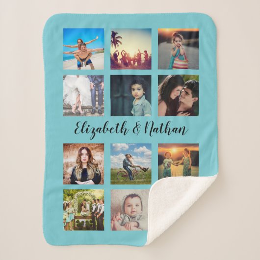 Custom 12 Freunde Familie Foto Collage Aqua Blue Sherpadecke (Vorderseite)
