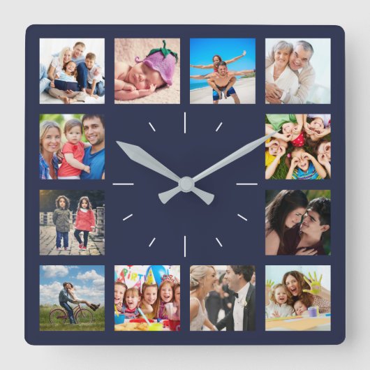 Custom 12 Keepake Family Foto Collage Navy Quadratische Wanduhr (Vorderseite)