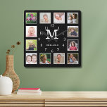 Custom 12 Photo Collage Family Name Monogram Black Quadratische Wanduhr<br><div class="desc">Create your own photo collage wall clock with 12 of your favorite pictures. The photo frame clock helps you treasure your special moments and also makes a thoughtful gift for parents, grandparents and friends. The personalized clock makes it a perfect gift for all occasions. Personalize with monogram initial, and family...</div>