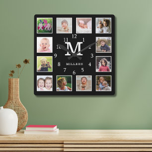 Custom 12 Photo Collage Family Name Monogram Black Quadratische Wanduhr