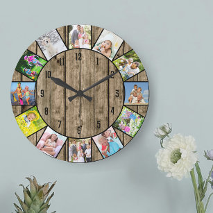 Custom 12 Photo Collage Rustic Natural Wood Round Große Wanduhr