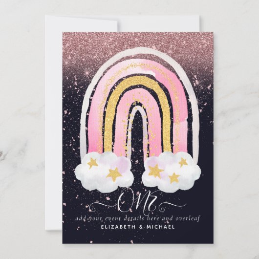 CUSTOM 1. BIRTHDAY Girly PInk Gold Glitzer Rainbow (Vorderseite)