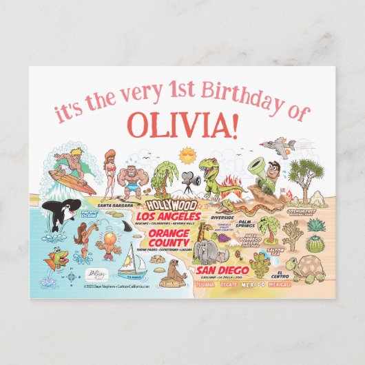 Custom 1st Birthday SoCal Einladungspostkarte (Vorderseite)
