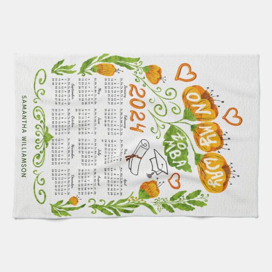 Custom 2024 Calendar MBA Student Orange Floral Geschirrtuch (Horizontal)