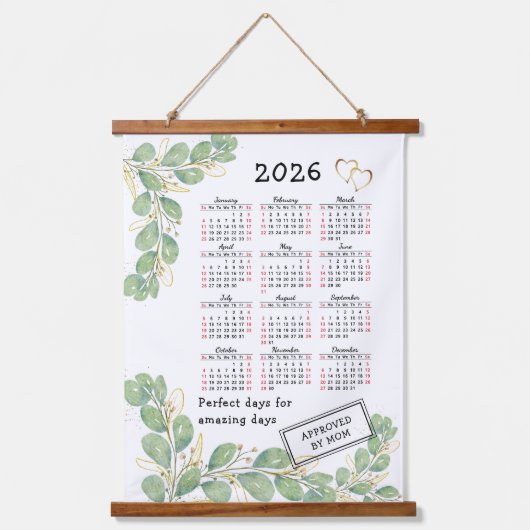 Custom 2026 Calendar with Elegant Eucalyptus Wandteppich Mit Holzrahmen (Vorderseite)