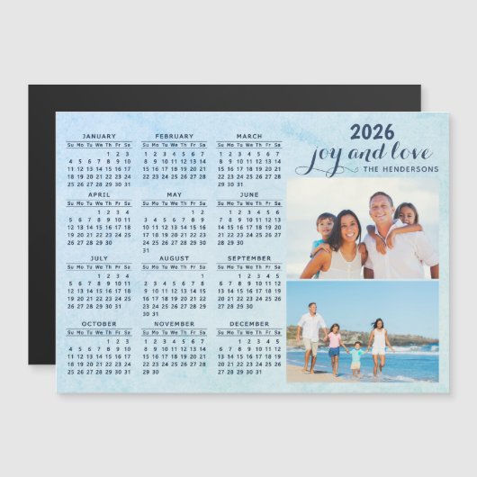 Custom 2026 Kalender Magnet zwei Foto Collage Blau (Vorne/Hinten)