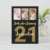 Custom 21. Geburtstag Gold Modern Foto Collage Einladung (Stehend Vorderseite)