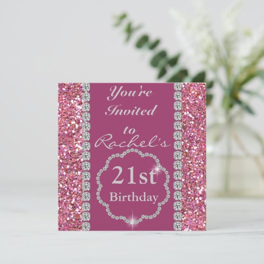 Custom 21. PINK BLING Geburtstag Einladung (Stehend Vorderseite)