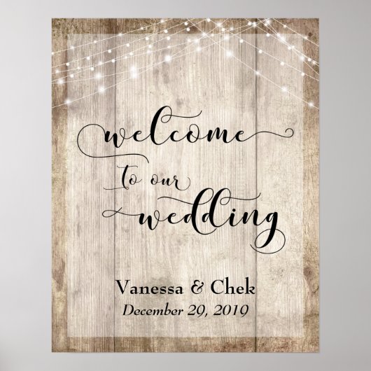 Custom 2 Brown Wood & Lights Wedding Willkommensze Poster (Vorne)