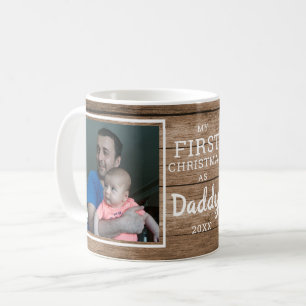 Custom 2 Foto Daddy's First Christmas Rustic Wood Kaffeetasse