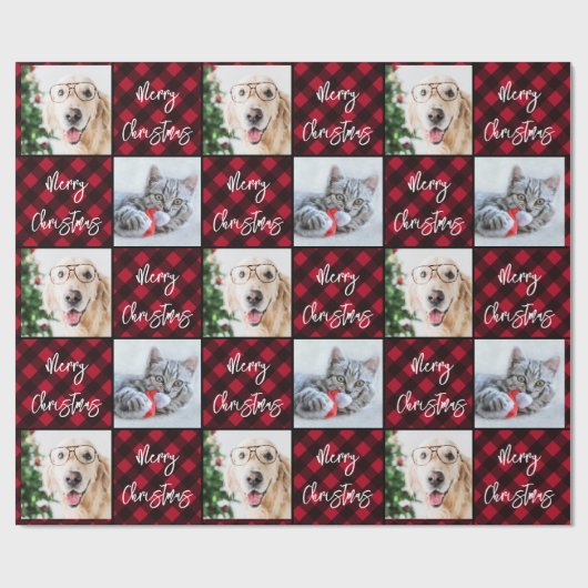Custom 2 Foto Frohe Weihnachten Red Buffalo Karier Geschenkpapier (Flach)