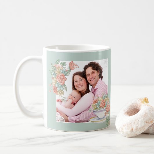 Custom 2 Foto Wasserfarbe Floral und Teacup Kaffeetasse (Mit Donut)