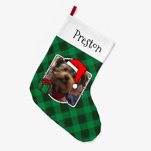 Custom 2 Foto Weihnachten Rot und Grün Karierte Ha Großer Weihnachtsstrumpf (Vorderansicht (hängend))