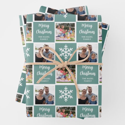 Custom 2 Foto Weihnachtsschneeflocken Aquamarin Geschenkpapier Set (Beispiel)