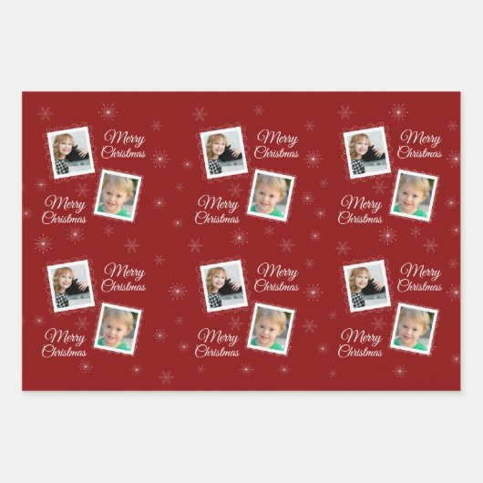 Custom 2 Fotos Weihnachtsdesign auf Red Geschenkpapier Set (Vorderseite)
