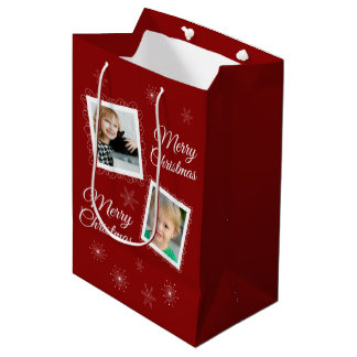 Custom 2 Fotos Weihnachtsdesign auf Red Mittlere Geschenktüte