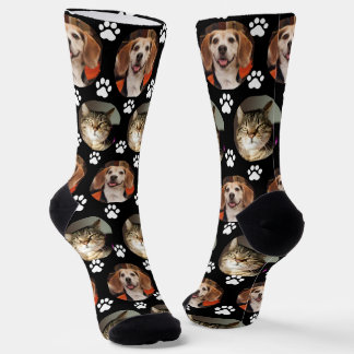 Custom 2 Pet Foto Black Paw Prints Socken