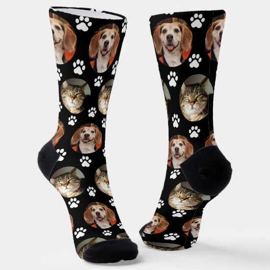 Custom 2 Pet Foto Black Paw Prints Socken (Gewinkelt)