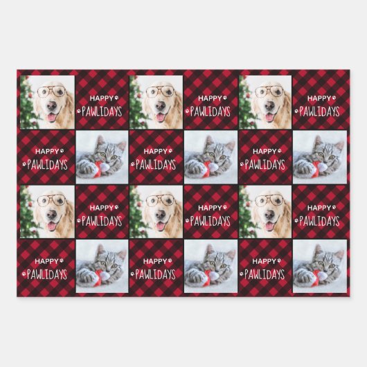 Custom 2 Pet Foto Happy Pawlidays Buffalo Kariert Geschenkpapier Set (Vorderseite 2)