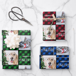 Custom 2 Pet Foto Happy Pawlidays Buffalo Kariert Geschenkpapier Set