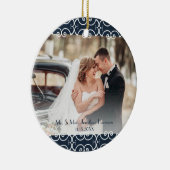 Custom 2 Sided Navy Blue Elegant 2 Foto Hochzeit Keramik Ornament (Rechts)