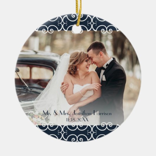 Custom 2 Sided Navy Blue Elegant 2 Foto Hochzeit Keramik Ornament (Vorne)
